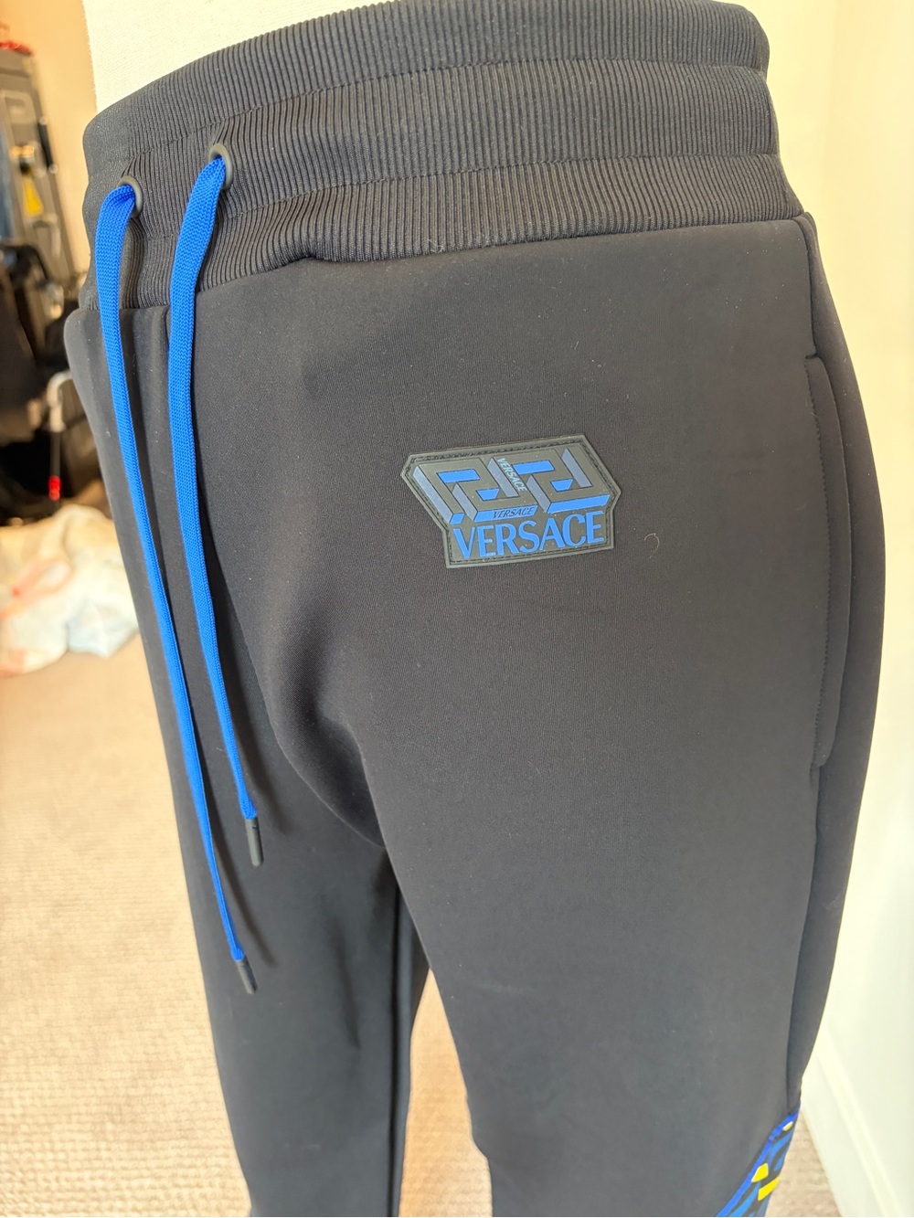 Versace Black Track Pants with Blue and Yellow Accents - Picture 3 of 5